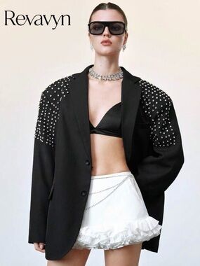 She-In Stud-Embellished Black Oversized Blazer
